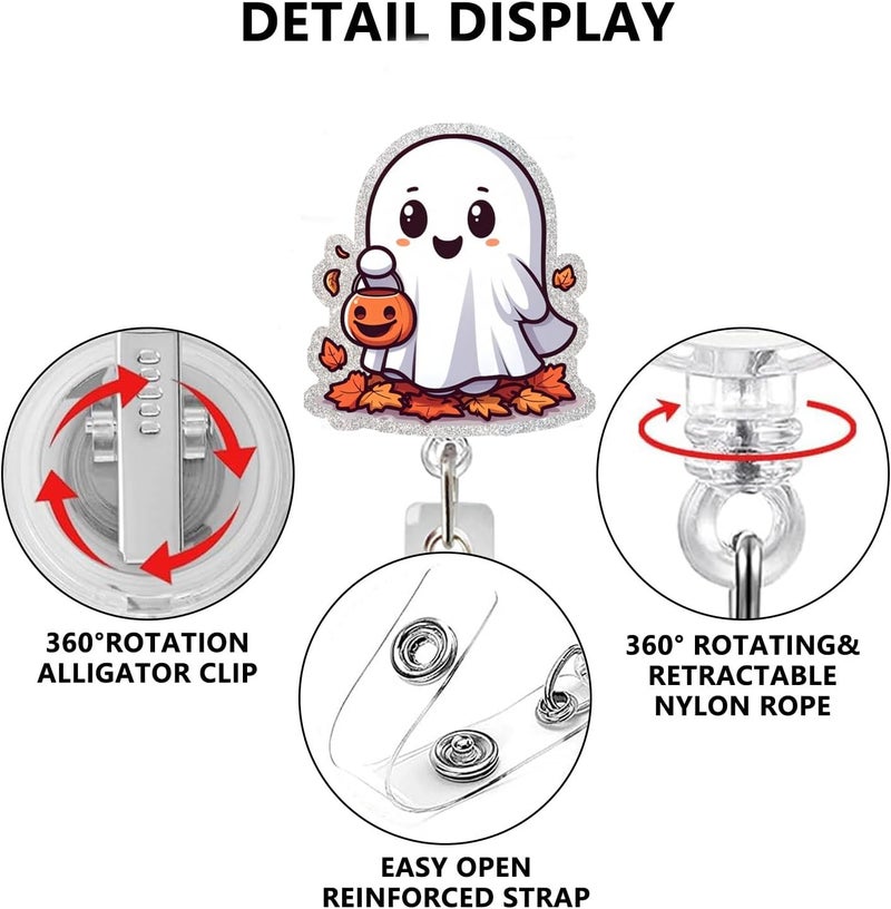 NSSHEL Ghost Badge Reel Retractable Ghost Carrying Basket Badge Clip with Maple Leaves Designs Acrylic Halloween ID Name Holder Clip for Nurse, Teacher, Student, Hospital, Office Worker Name Tag - Image 3